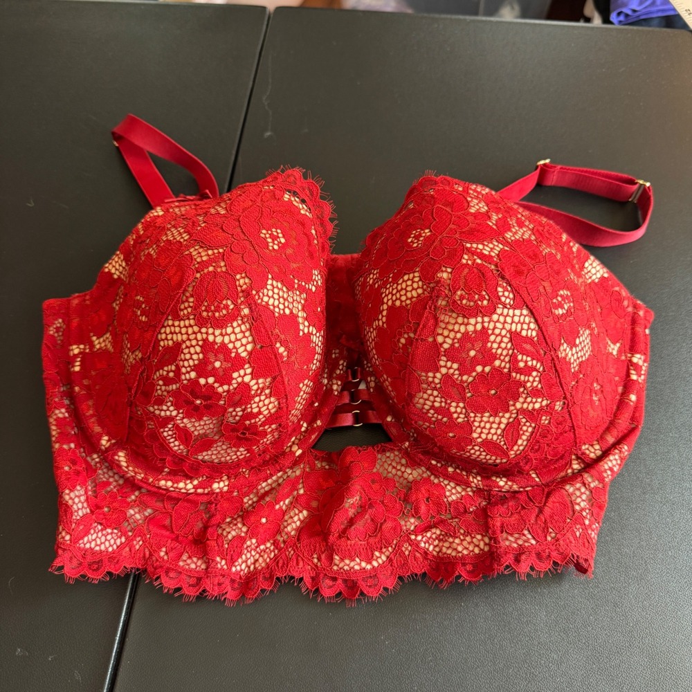 Cacique Womens Longline Balconette Bra 42DD Red Floral Lace Strappy Romantic - Picture 1 of 8